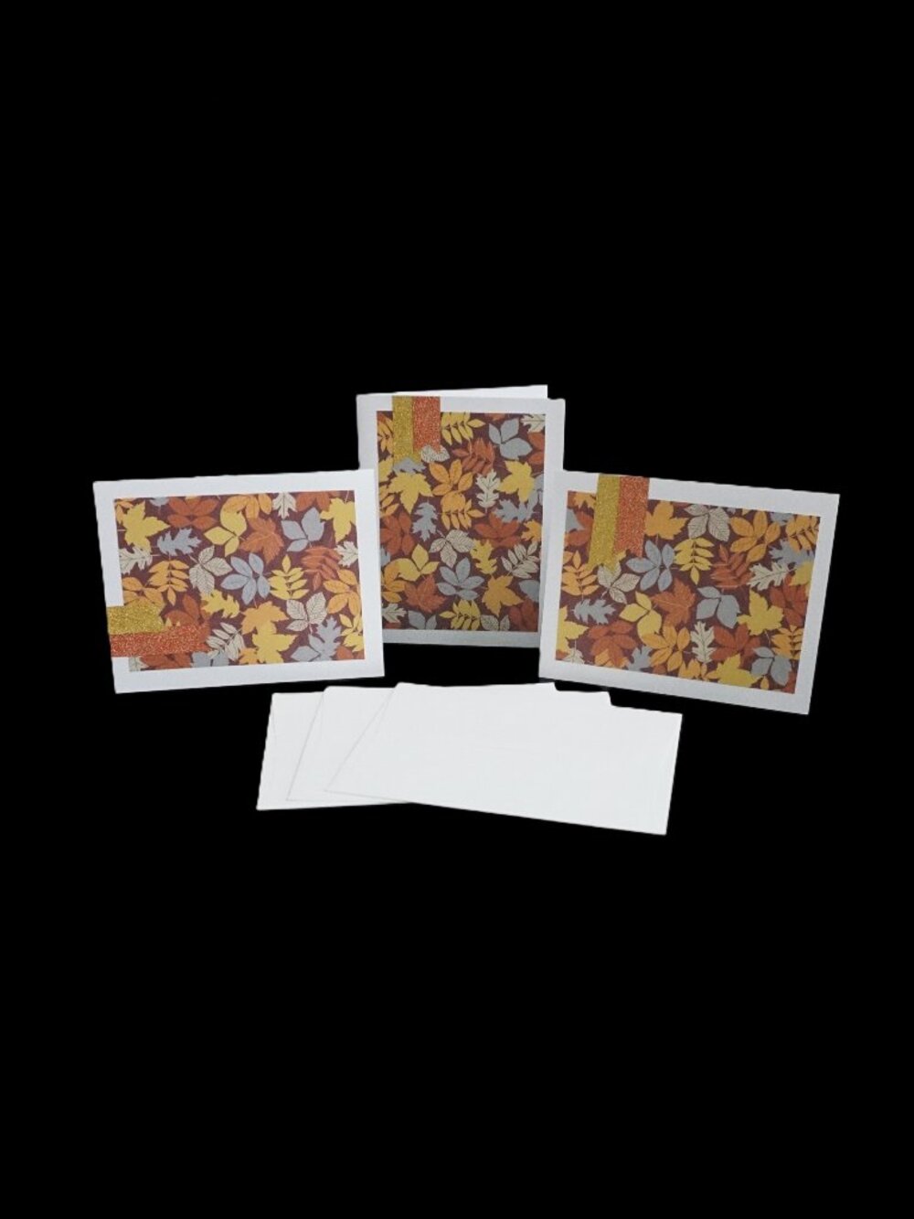 3 Fall Harvest Handmade Note Cards 4.25 x 5.5 Leaves with Glitter Washi Tape